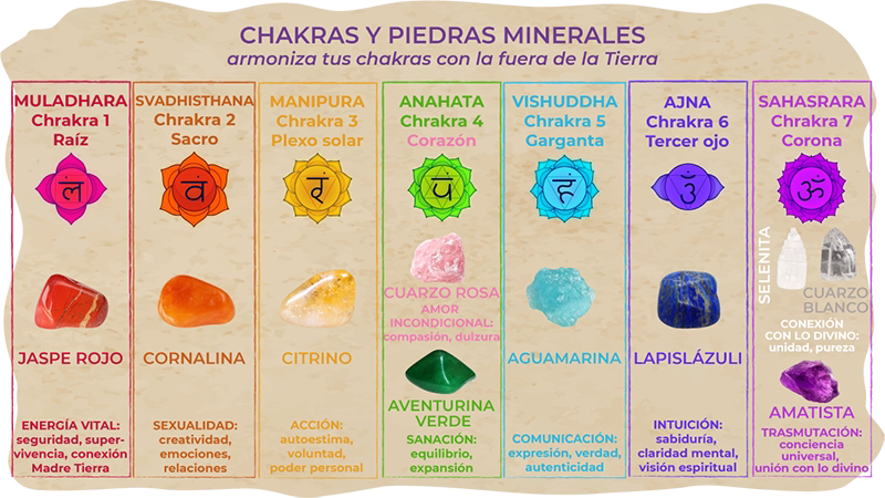 Minerales y Chakras - Descubre la conexión sagrada entre los minerales de la Tierra y tus centros energéticos. Cada chakra resuena con cristales específicos que amplifican su vibración.