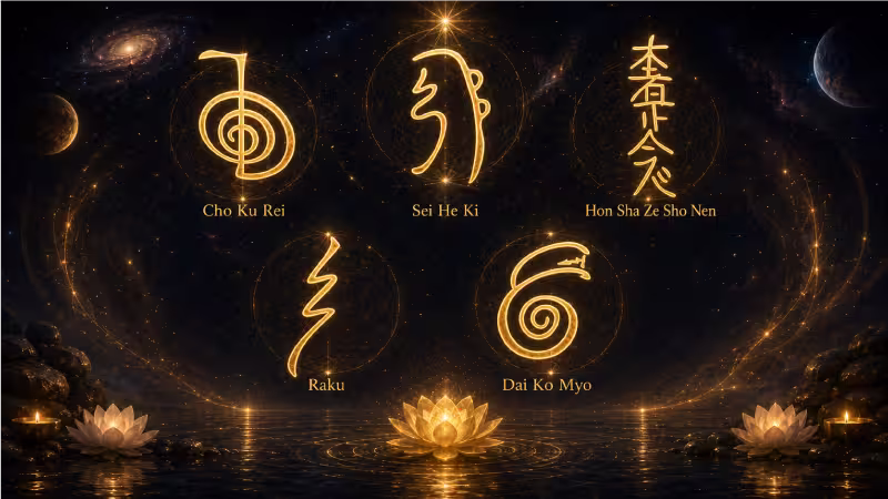 Los Símbolos del Reiki - Cho Ku Rei, Sei He Ki, Hon Sha Ze Sho Nen, Dai Ko Myo y Raku: el significado de los símbolos sagrados del Reiki, para qué sirve cada uno y cómo se utilizan.